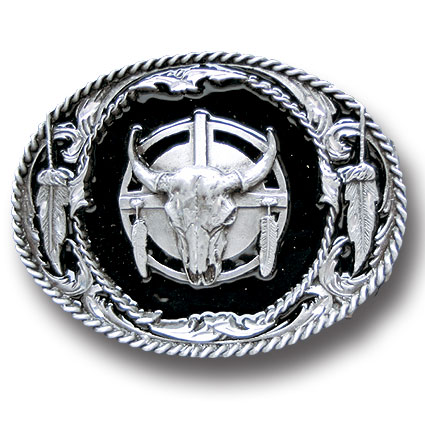 Belt Buckle - Buffalo Skull/Feathers